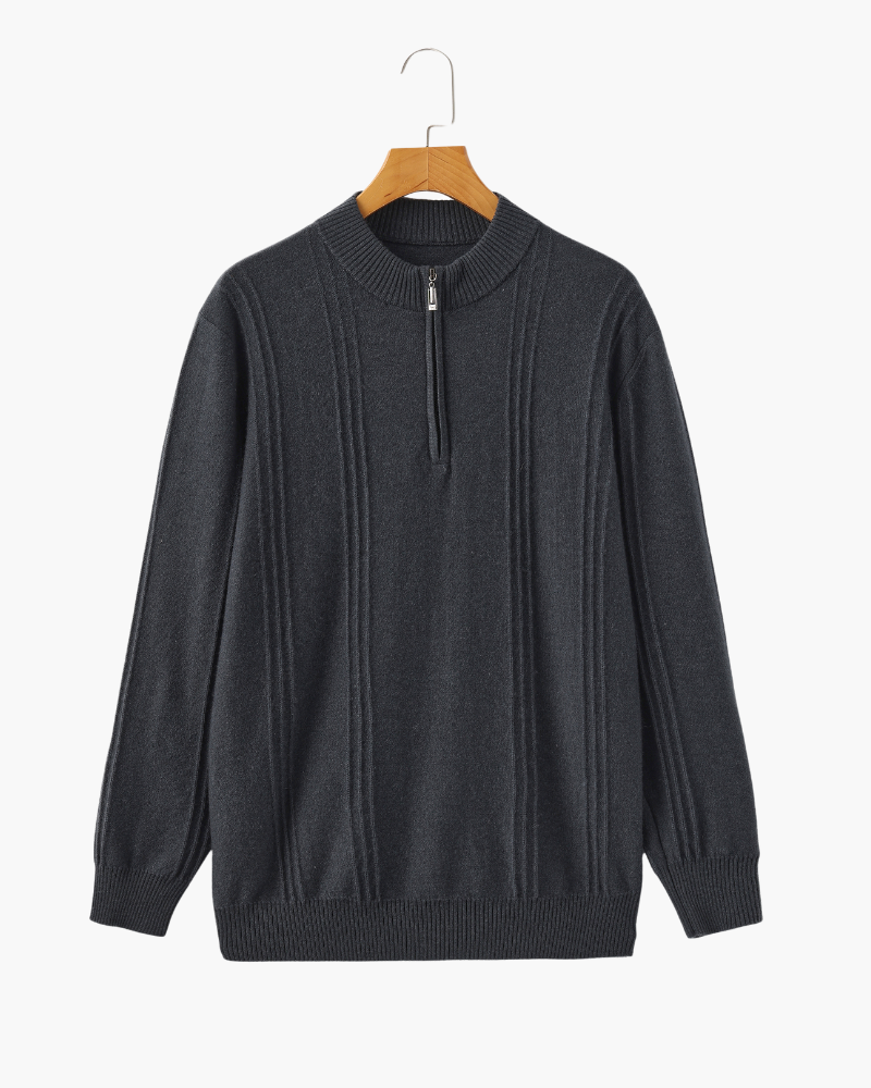Cashmere Ribbed Half Zip Jumper with Stand Collar - Dark Grey