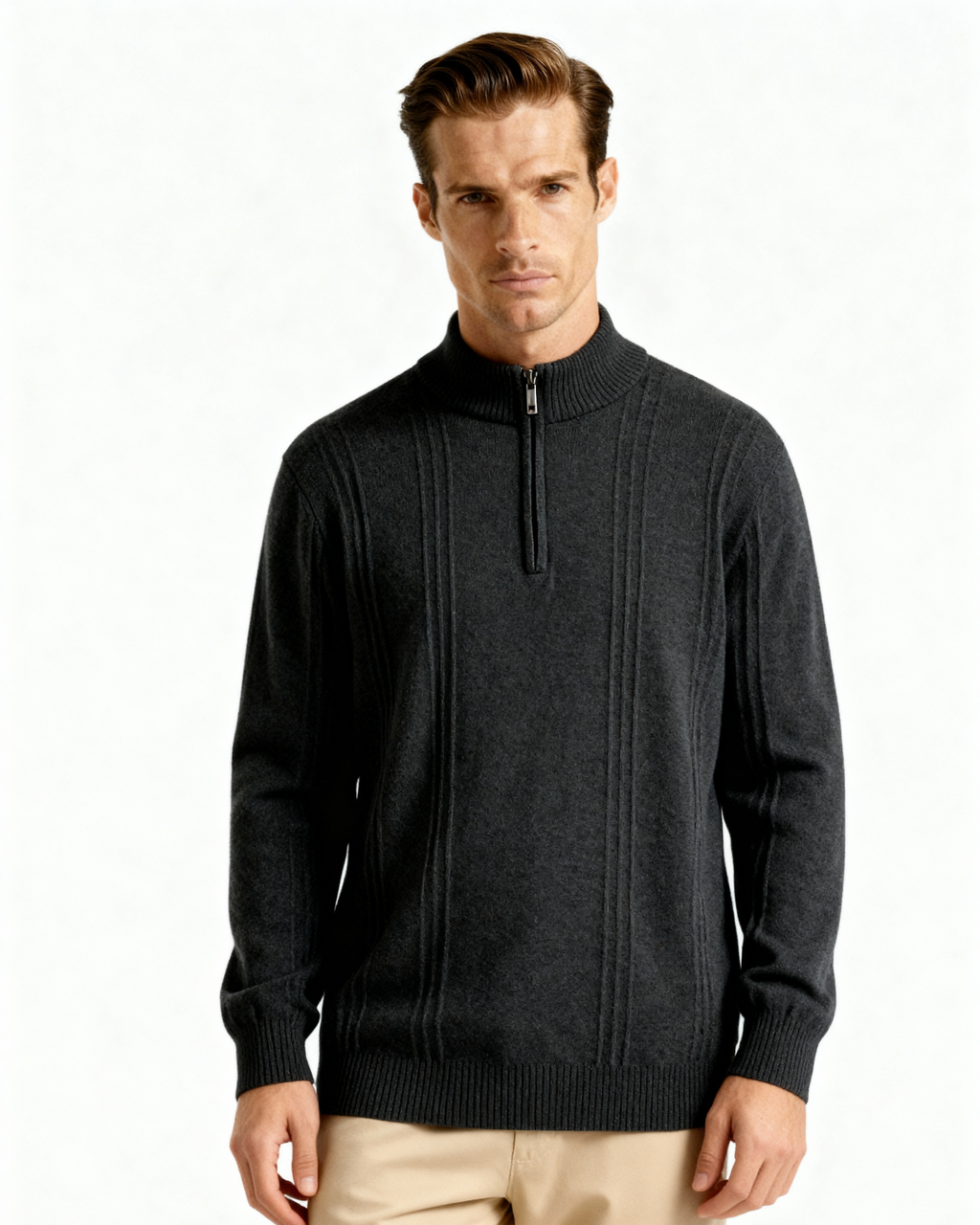 Cashmere Ribbed Half Zip Jumper with Stand Collar