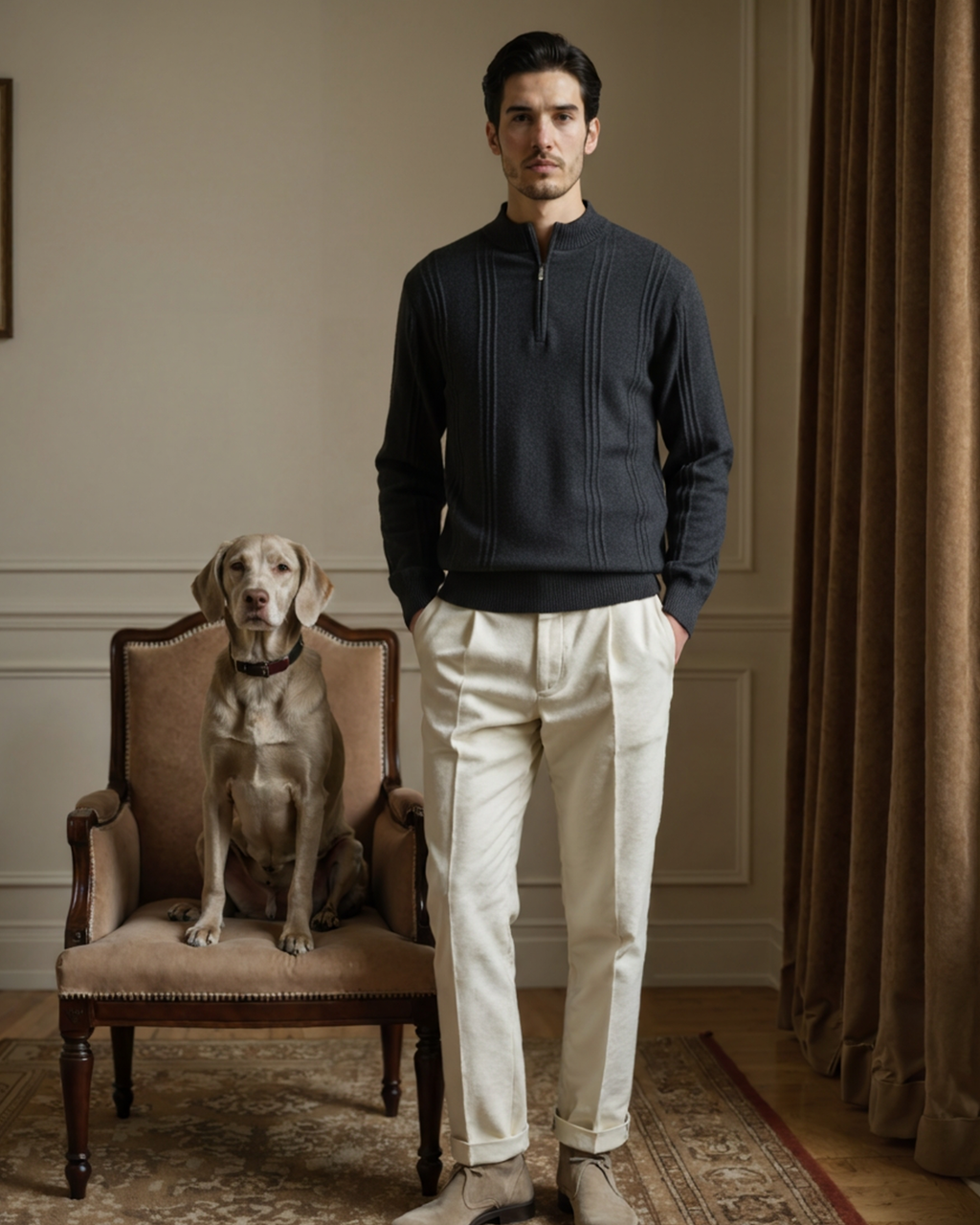 Cashmere Ribbed Half Zip Jumper with Stand Collar