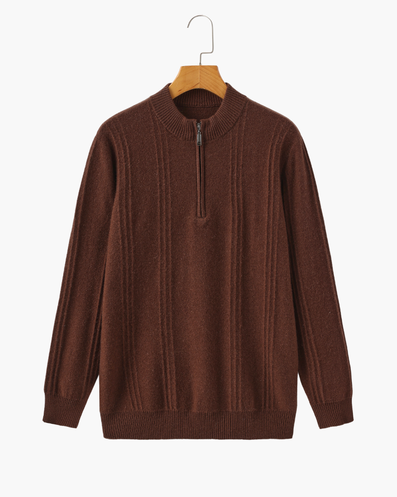 Cashmere Ribbed Half Zip Jumper with Stand Collar - Brown