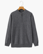 Cashmere Ribbed Half Zip Jumper with Stand Collar - Grey