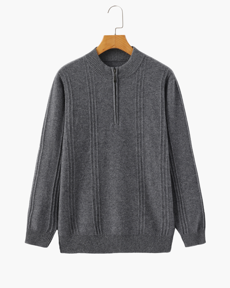 Cashmere Ribbed Half Zip Jumper with Stand Collar - Grey