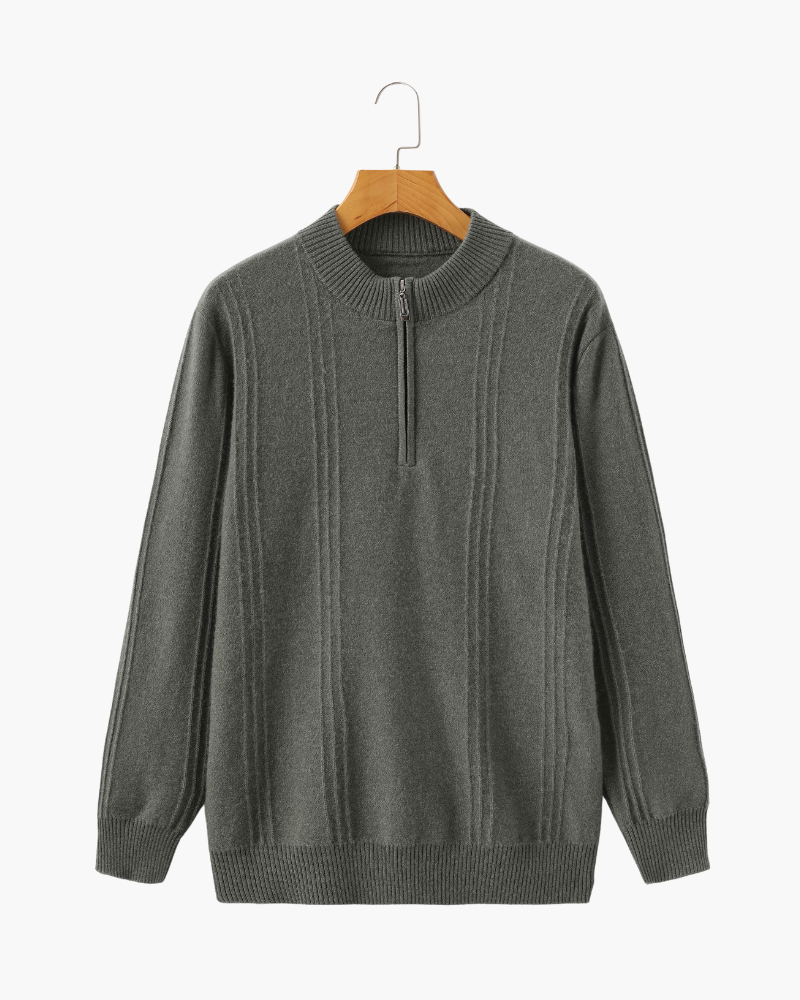 Cashmere Ribbed Half Zip Jumper with Stand Collar - Olive Green