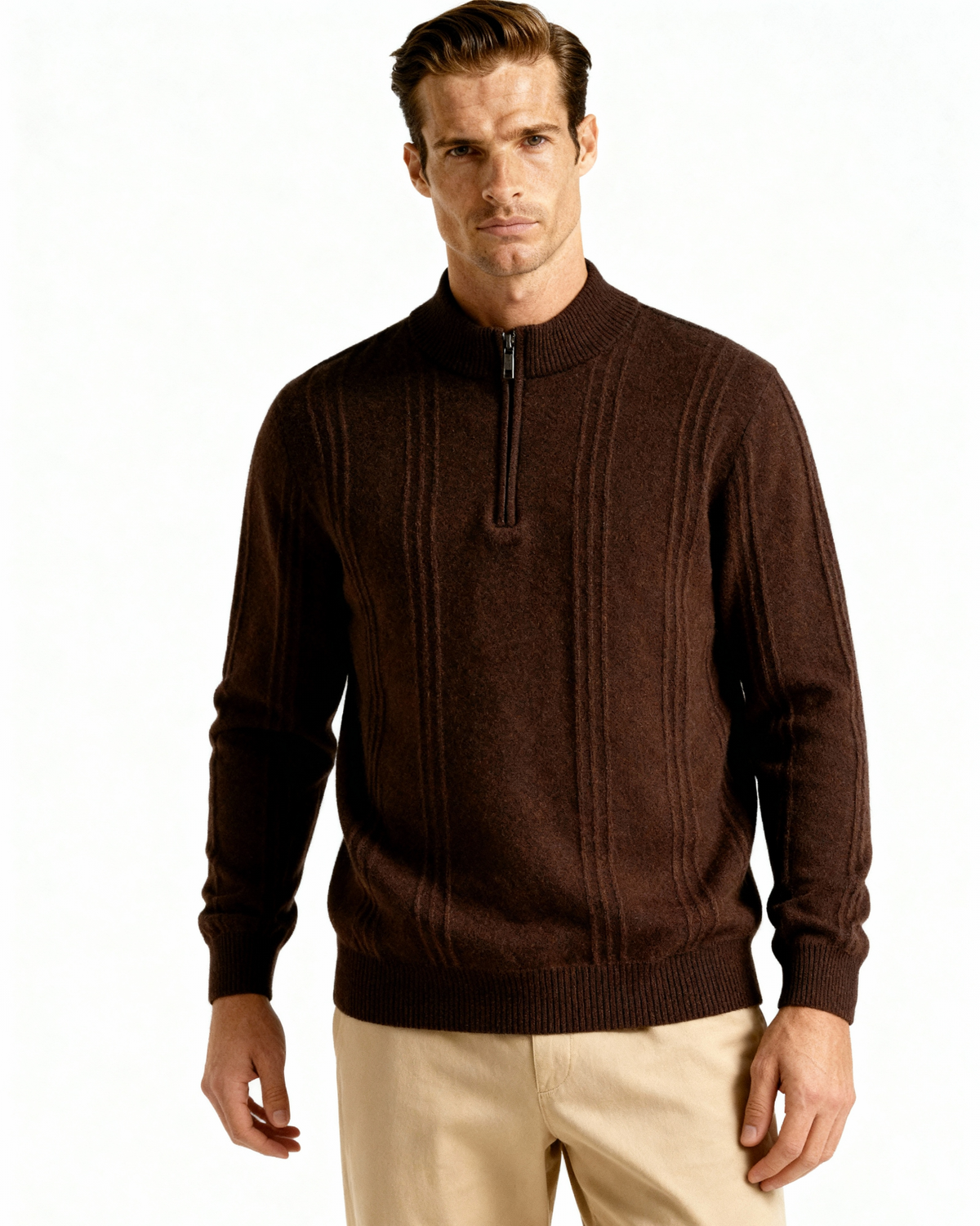 Cashmere Ribbed Half Zip Jumper with Stand Collar