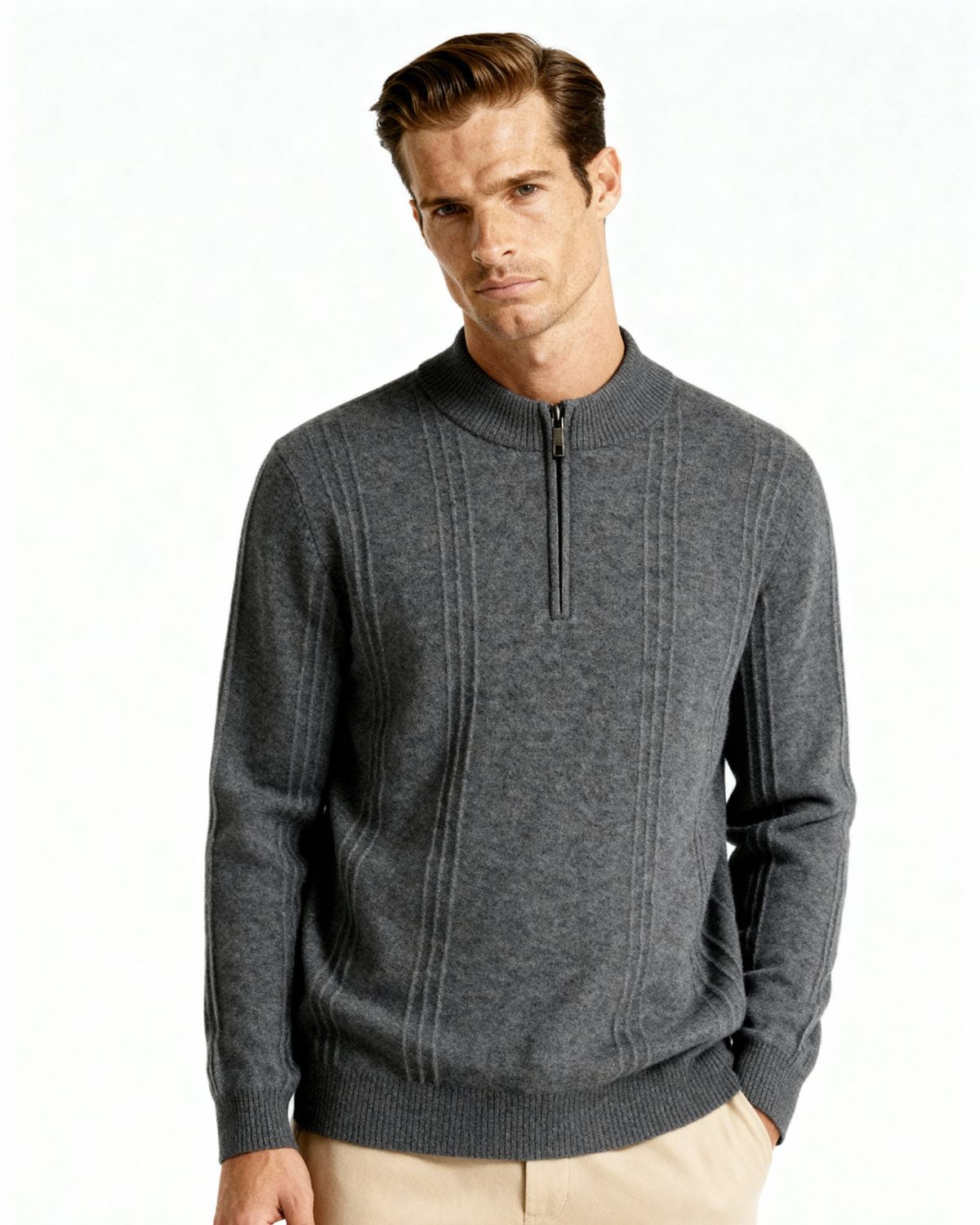 Cashmere Ribbed Half Zip Jumper with Stand Collar