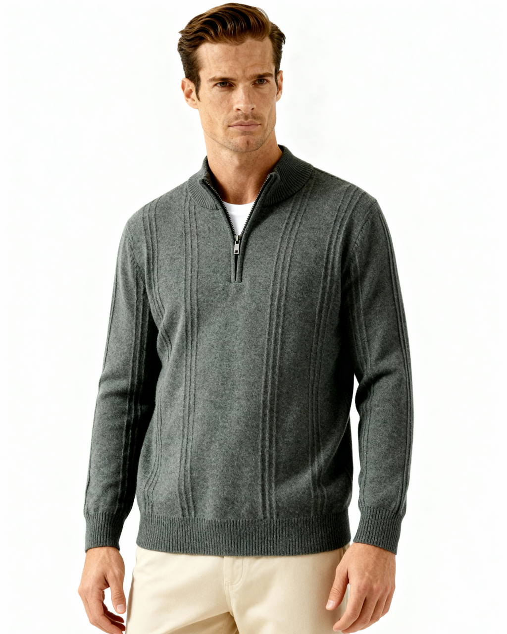 Cashmere Ribbed Half Zip Jumper with Stand Collar