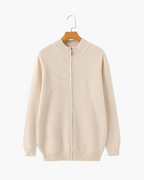 Cashmere Zip Cardigan with Stand Collar and Ribbed Trims - Beige