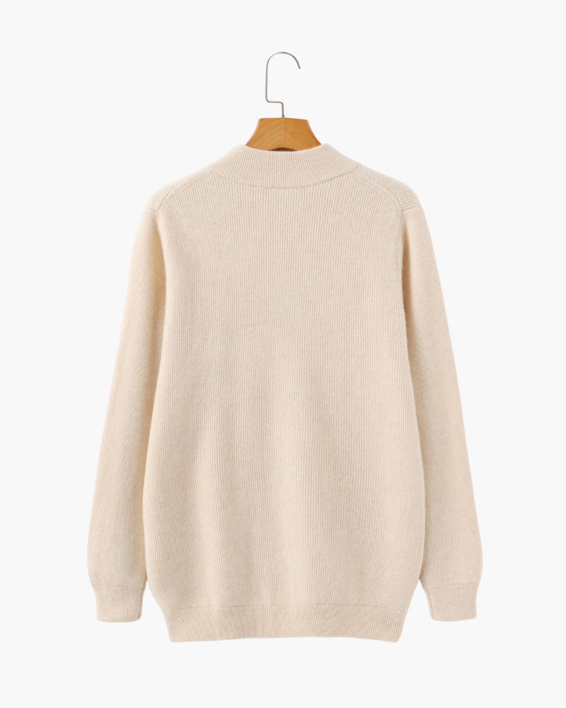 Cashmere Zip Cardigan with Stand Collar and Ribbed Trims