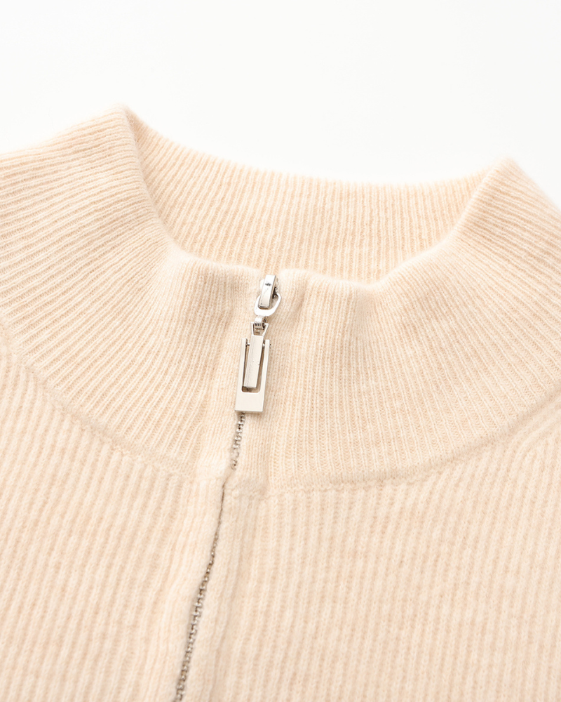 Cashmere Zip Cardigan with Stand Collar and Ribbed Trims