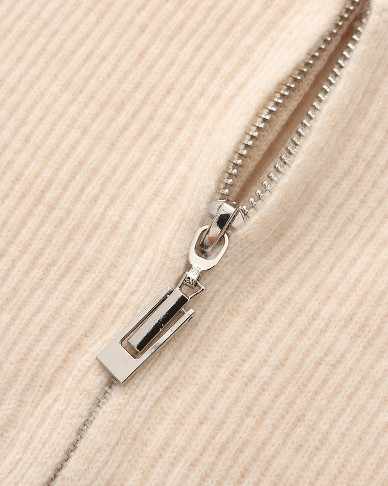 Cashmere Zip Cardigan with Stand Collar and Ribbed Trims