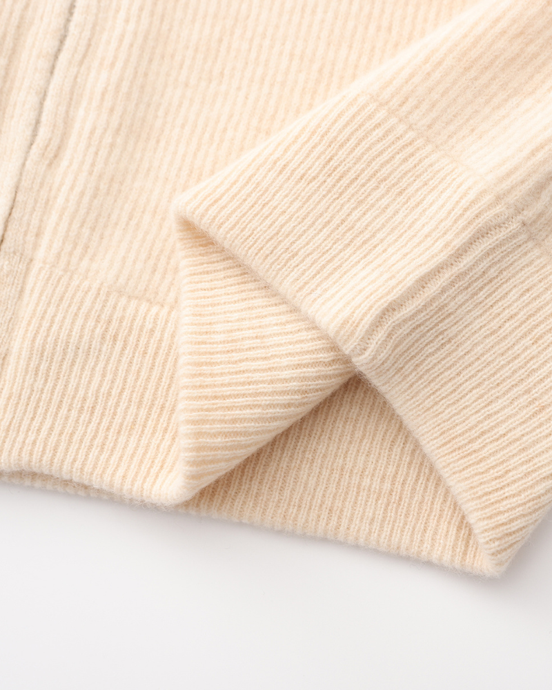 Cashmere Zip Cardigan with Stand Collar and Ribbed Trims