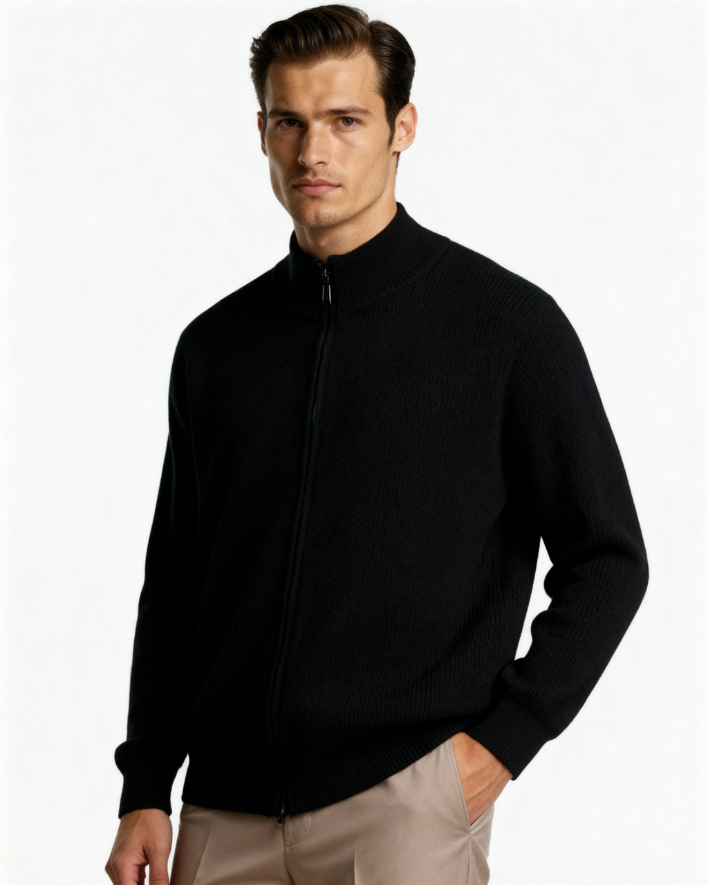 Cashmere Zip Cardigan with Stand Collar and Ribbed Trims