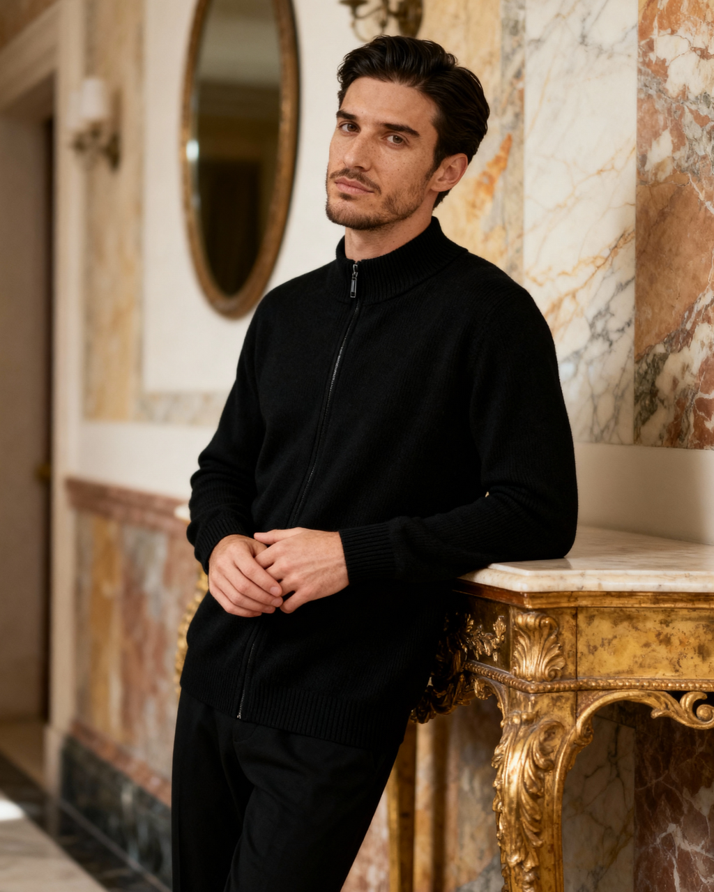 Cashmere Zip Cardigan with Stand Collar and Ribbed Trims