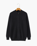 Cashmere Zip Cardigan with Stand Collar and Ribbed Trims - Black