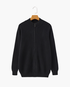 Cashmere Zip Cardigan with Stand Collar and Ribbed Trims - Black