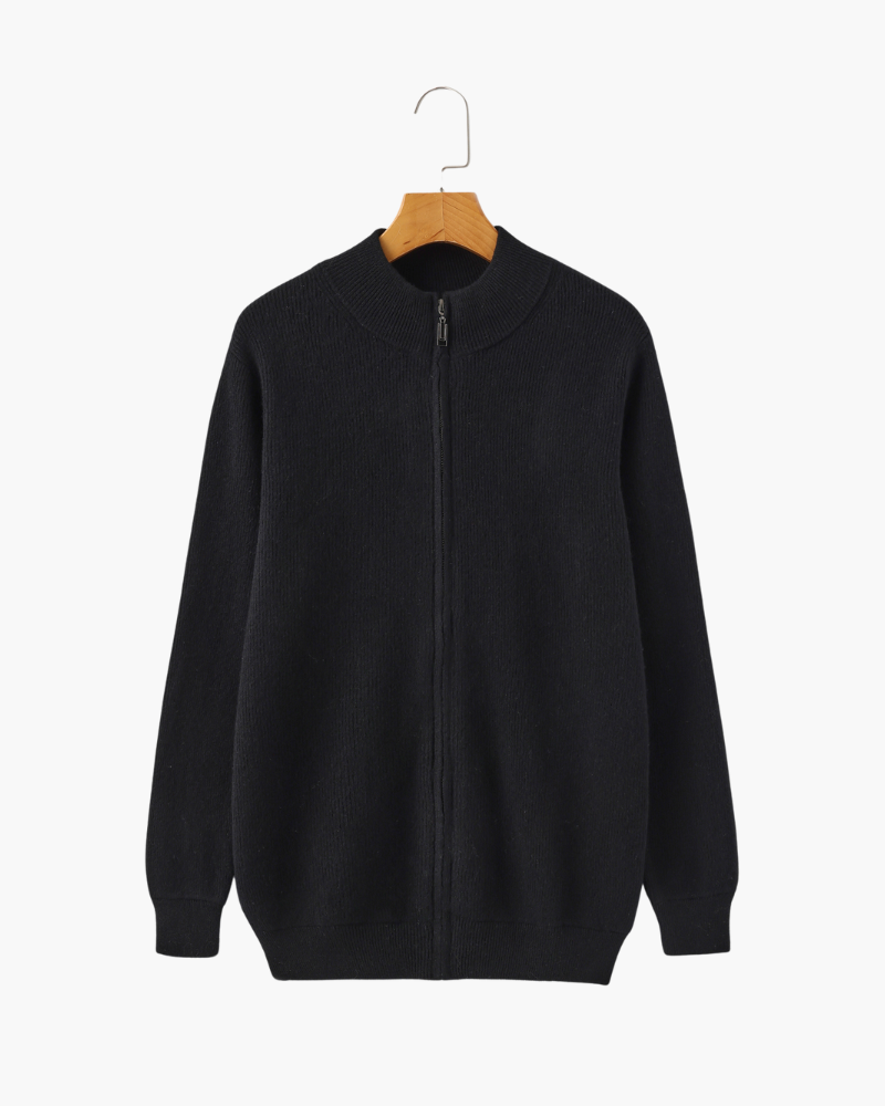 Cashmere Zip Cardigan with Stand Collar and Ribbed Trims - Black