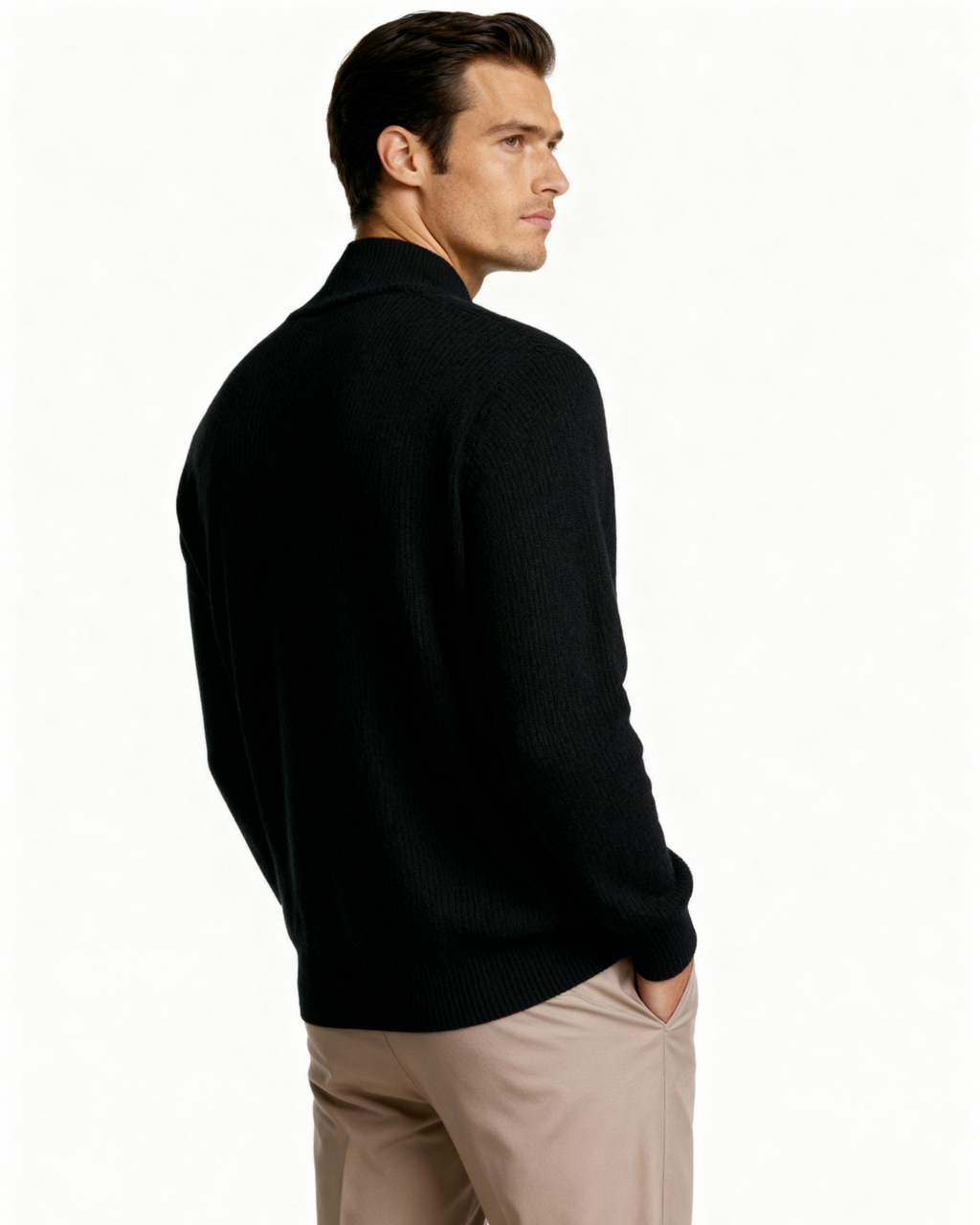 Cashmere Zip Cardigan with Stand Collar and Ribbed Trims