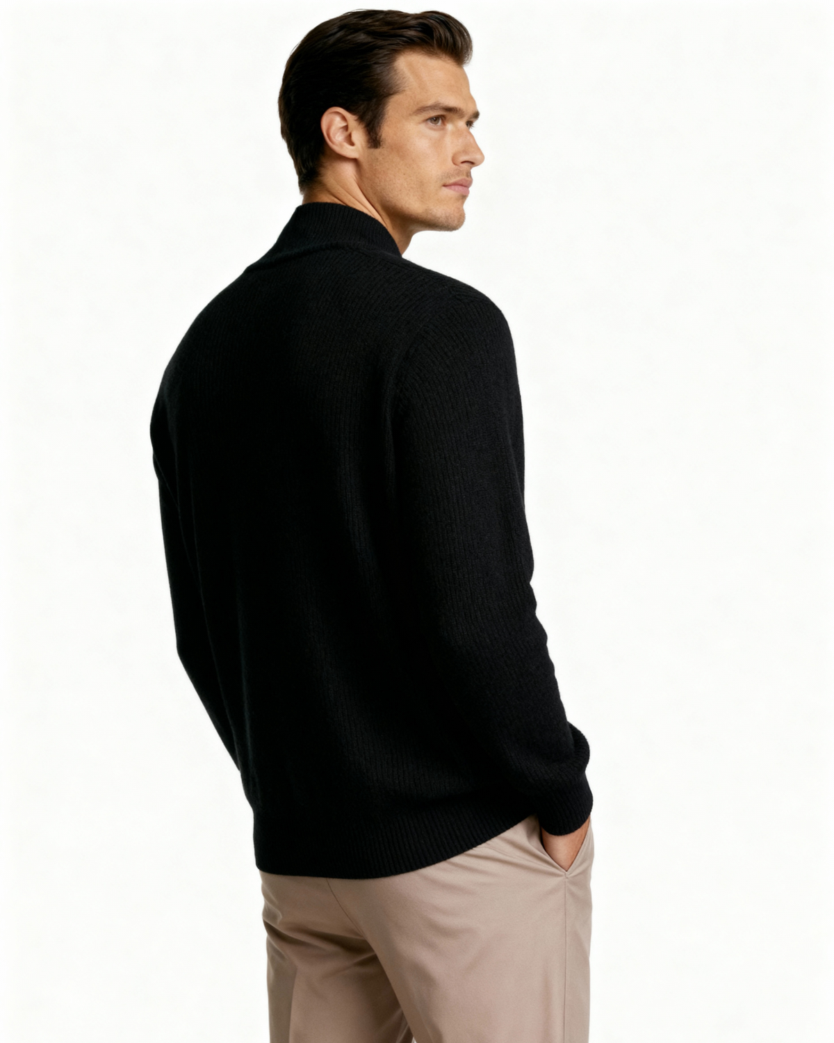 Cashmere Zip Cardigan with Stand Collar and Ribbed Trims