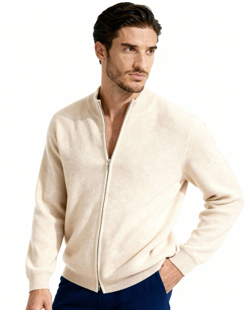 Cashmere Zip Cardigan with Stand Collar and Ribbed Trims