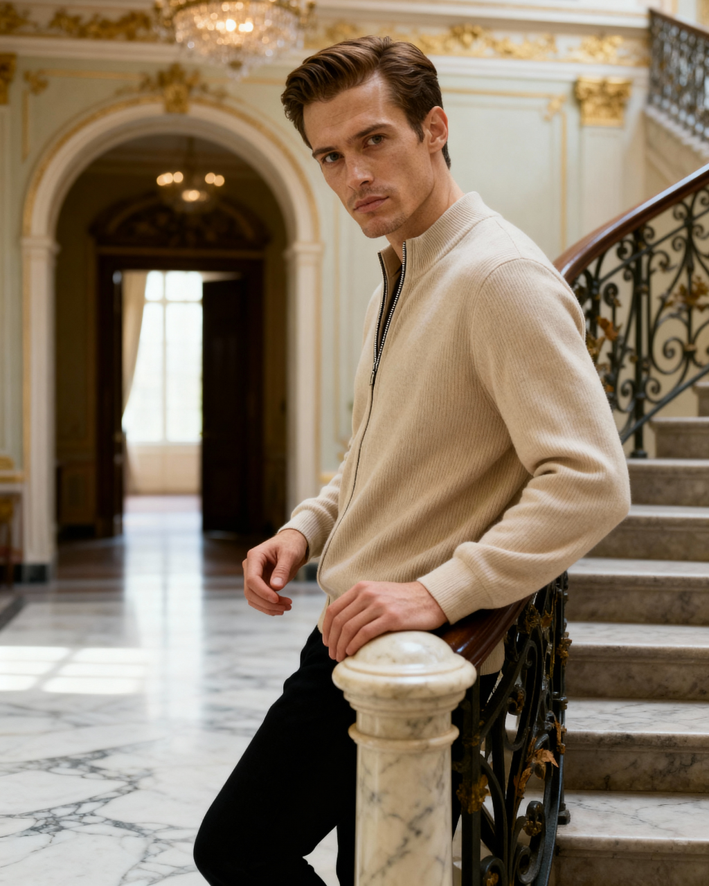 Cashmere Zip Cardigan with Stand Collar and Ribbed Trims