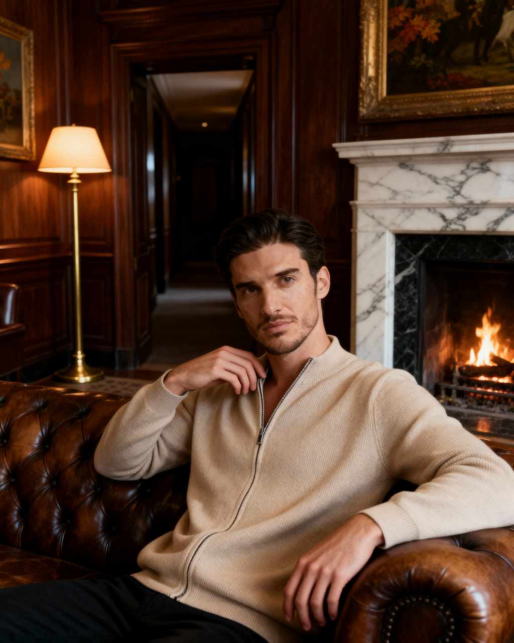 Cashmere Zip Cardigan with Stand Collar and Ribbed Trims