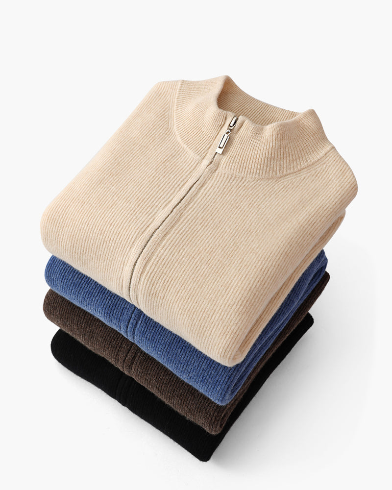Cashmere Zip Cardigan with Stand Collar and Ribbed Trims