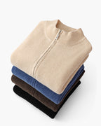 Cashmere Zip Cardigan with Stand Collar and Ribbed Trims
