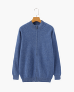 Cashmere Zip Cardigan with Stand Collar and Ribbed Trims - Blue