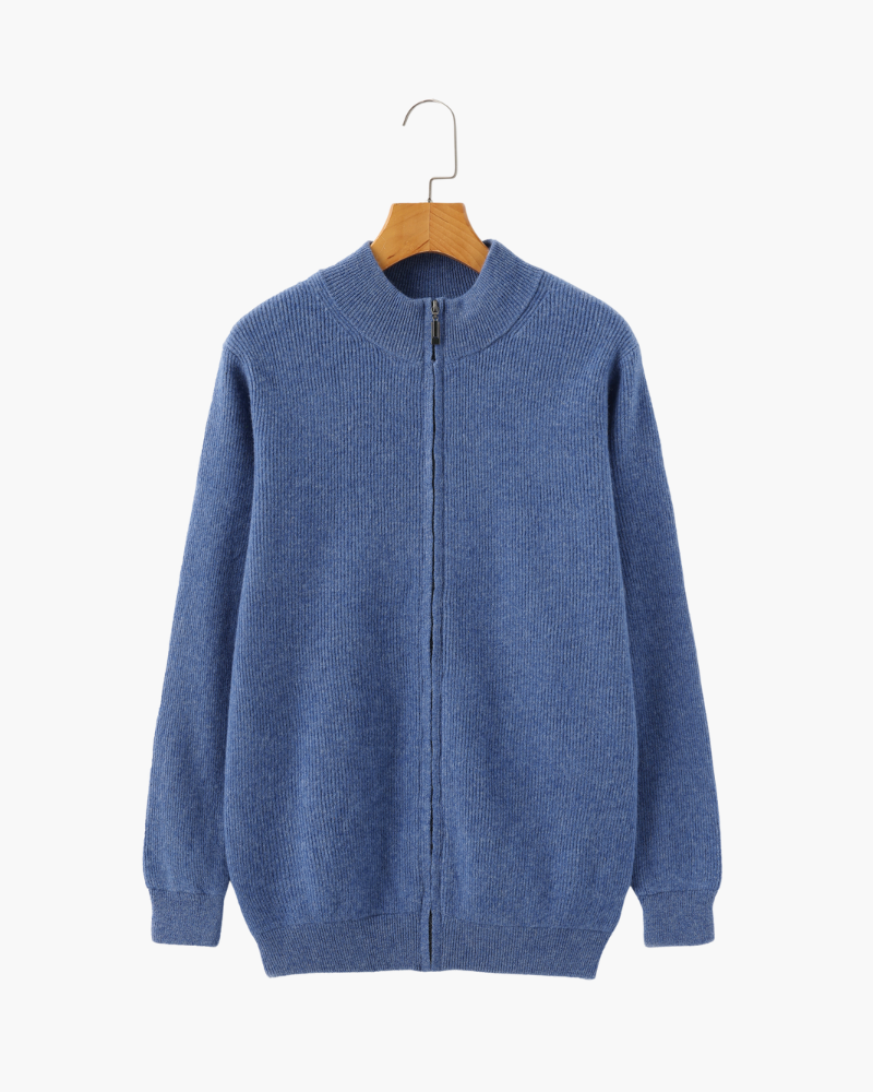 Cashmere Zip Cardigan with Stand Collar and Ribbed Trims - Blue