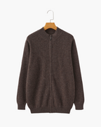 Cashmere Zip Cardigan with Stand Collar and Ribbed Trims - Brown