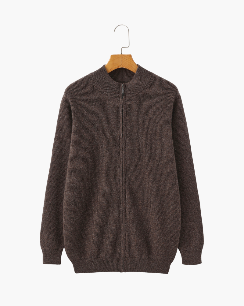 Cashmere Zip Cardigan with Stand Collar and Ribbed Trims - Brown
