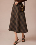 Check A-Line Midi Skirt with Elasticated Waist and Pockets - Brown