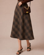 Check A-Line Midi Skirt with Elasticated Waist and Pockets - Brown