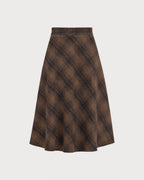Check A-Line Midi Skirt with Elasticated Waist and Pockets - Brown