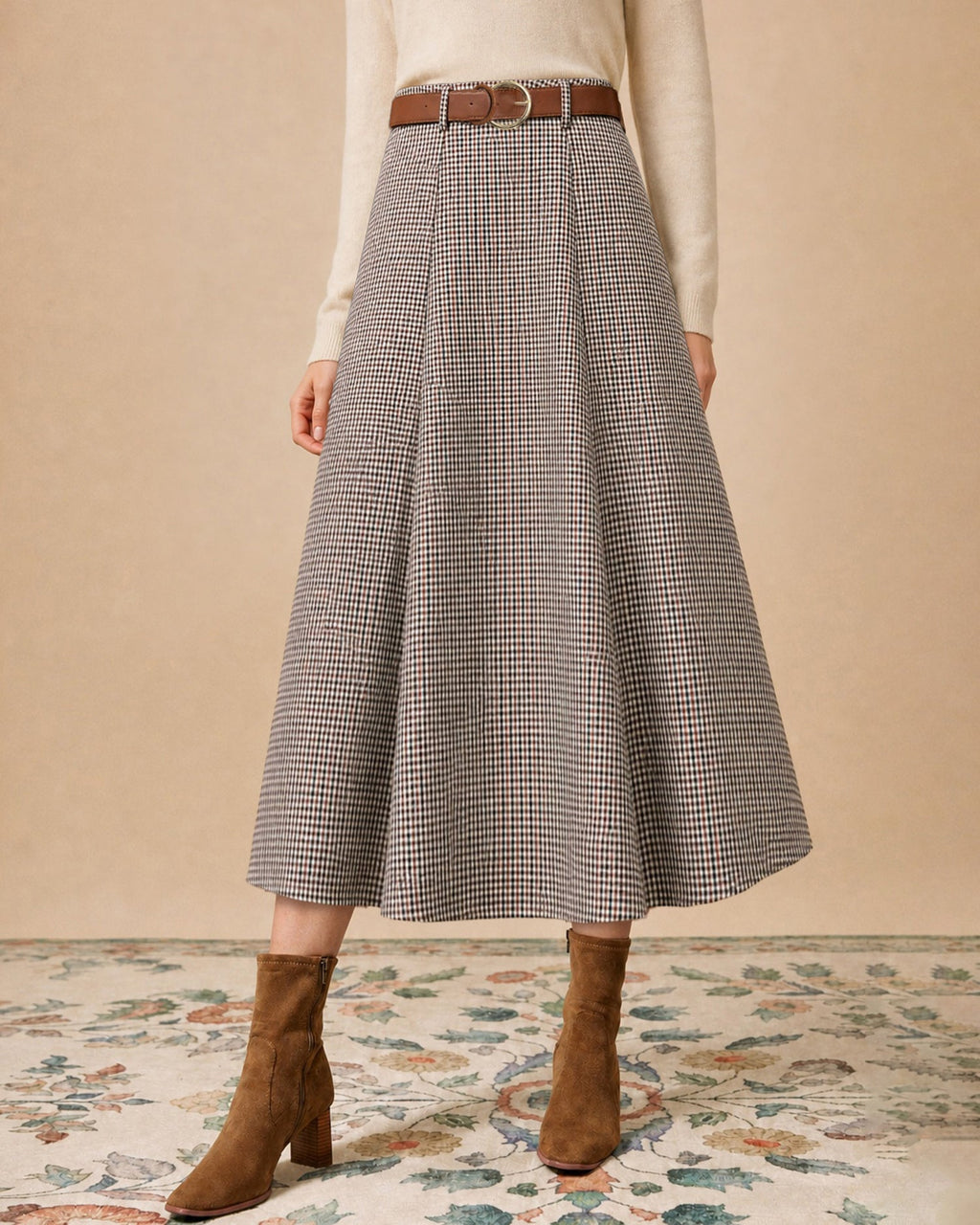 Check A-Line Midi Skirt with Leather Look Belt - Brown