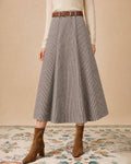Check A-Line Midi Skirt with Leather Look Belt - Brown