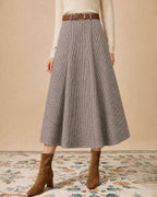 Check A-Line Midi Skirt with Leather Look Belt - Brown