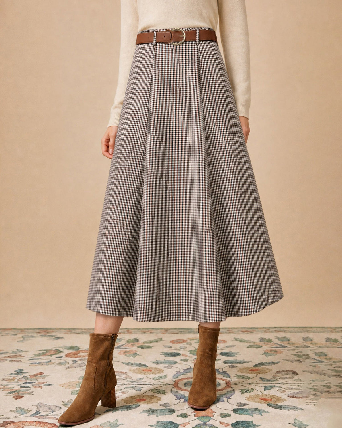 Check A-Line Midi Skirt with Leather Look Belt - Brown