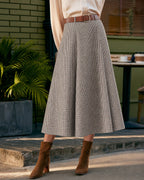 Check A-Line Midi Skirt with Leather Look Belt - Brown