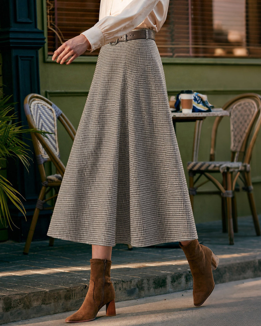Check A-Line Midi Skirt with Leather Look Belt - Brown