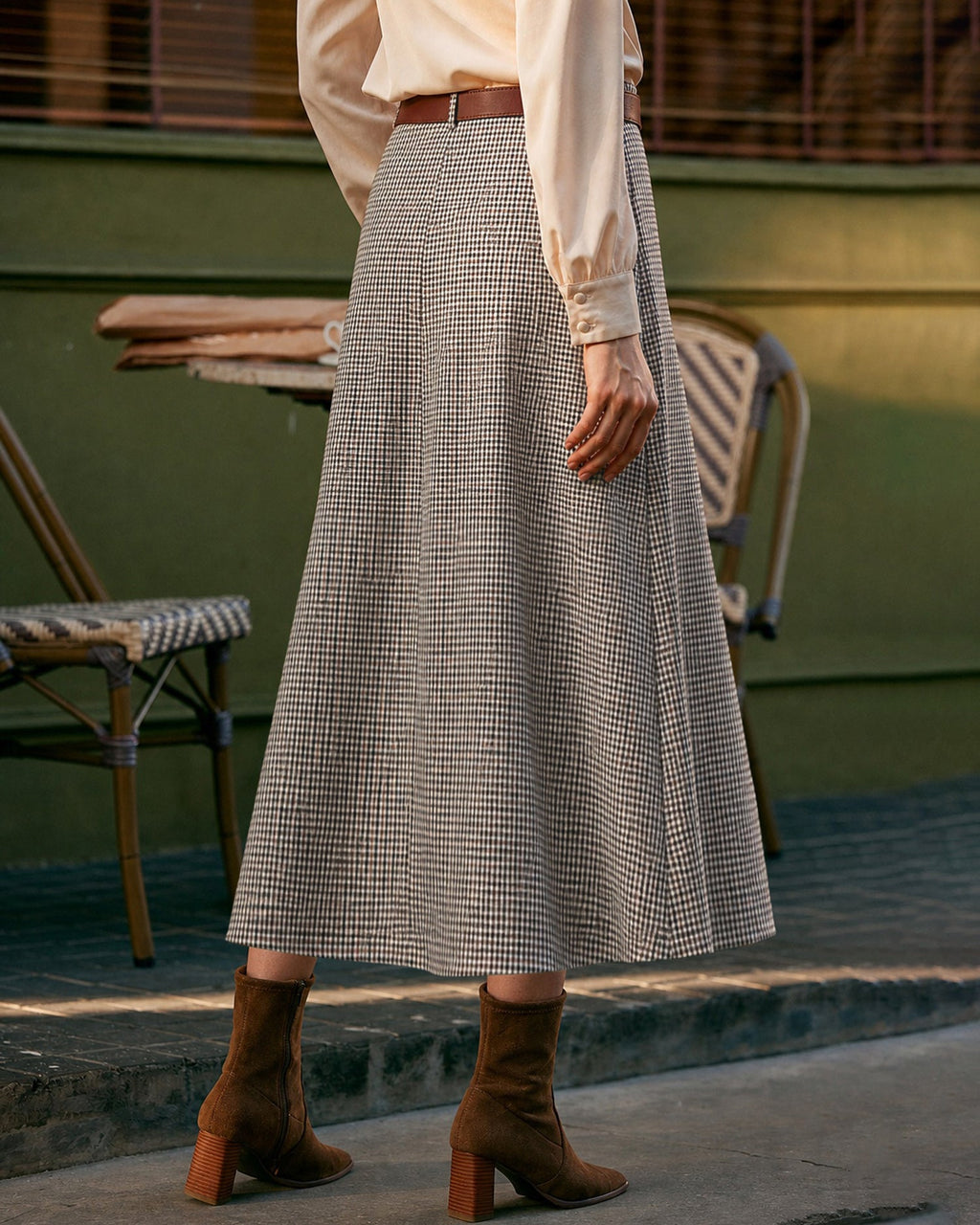 Check A-Line Midi Skirt with Leather Look Belt - Brown