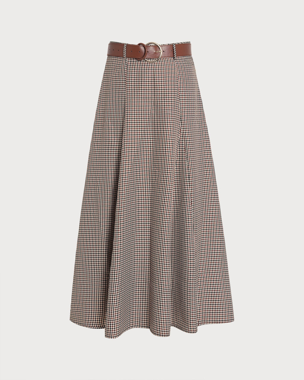 Check A-Line Midi Skirt with Leather Look Belt - Brown