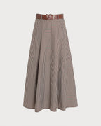 Check A-Line Midi Skirt with Leather Look Belt - Brown