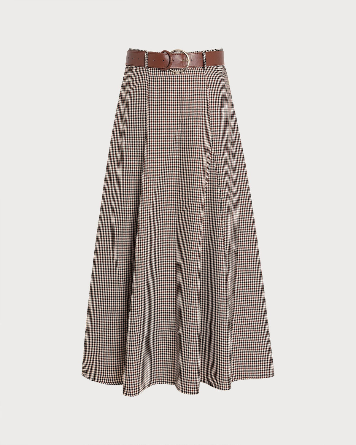 Check A-Line Midi Skirt with Leather Look Belt - Brown