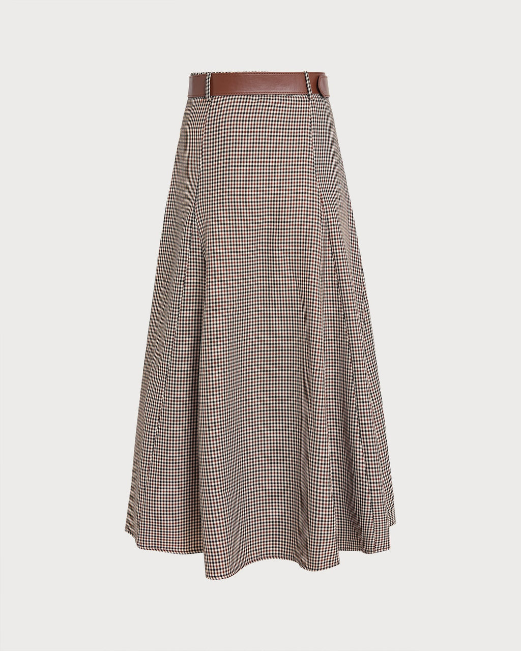 Check A-Line Midi Skirt with Leather Look Belt - Brown