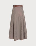 Check A-Line Midi Skirt with Leather Look Belt - Brown