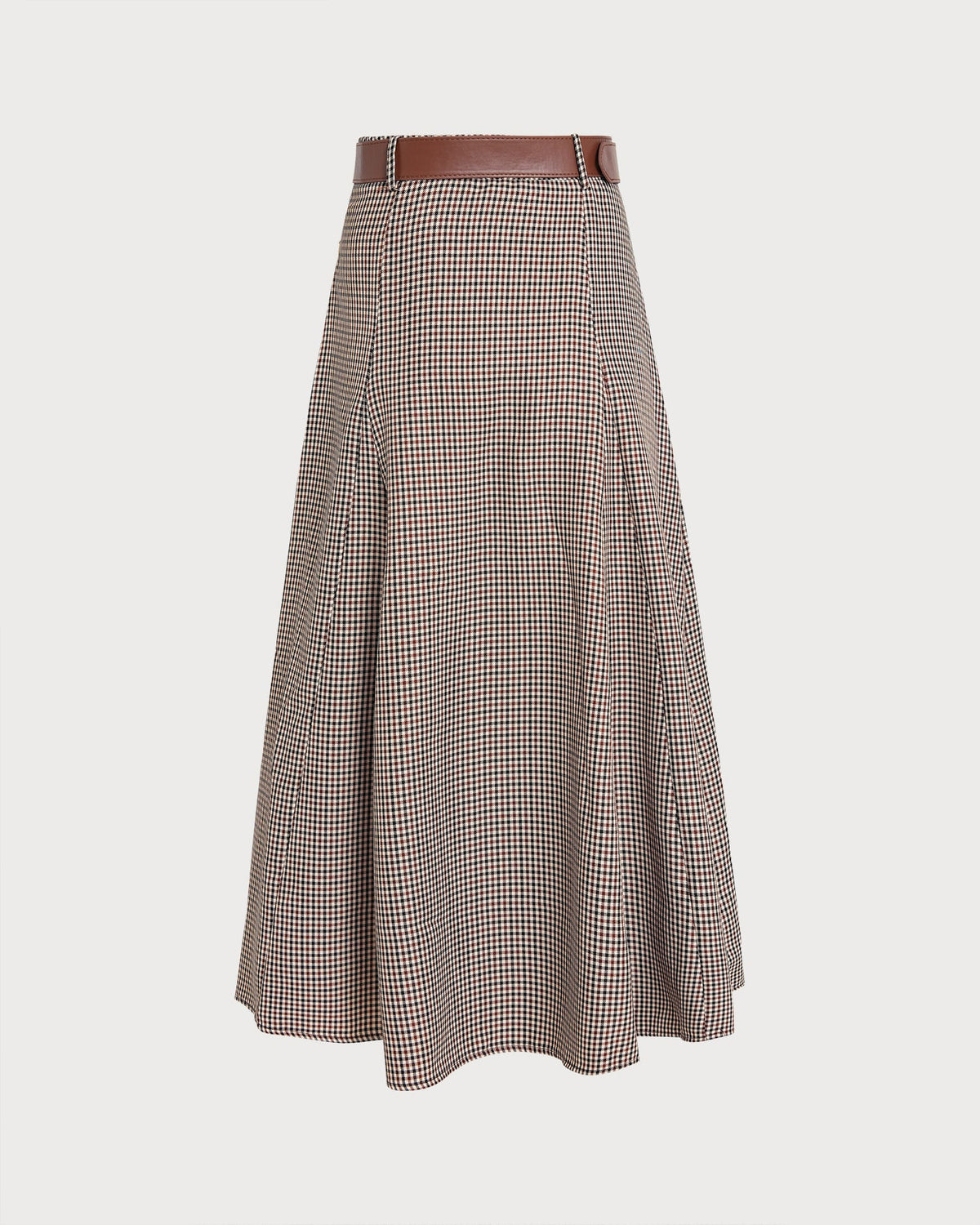 Check A-Line Midi Skirt with Leather Look Belt - Brown