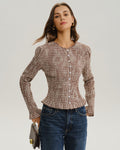 Check Blouse with Shirred Body and Frilled Cuffs - Brown