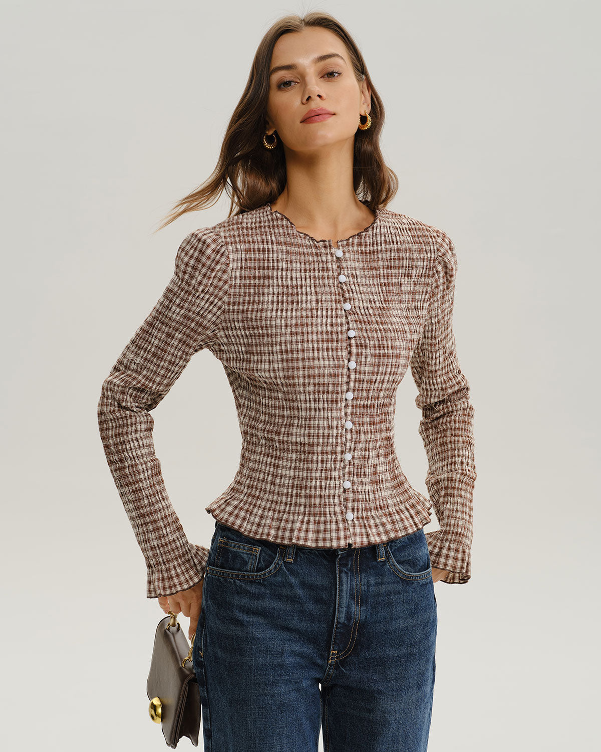 Check Blouse with Shirred Body and Frilled Cuffs - Brown