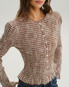 Check Blouse with Shirred Body and Frilled Cuffs - Brown